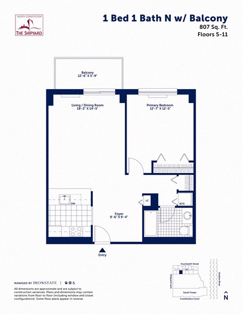 Floor plan for 1 bed, 1 bath, 807 sqft